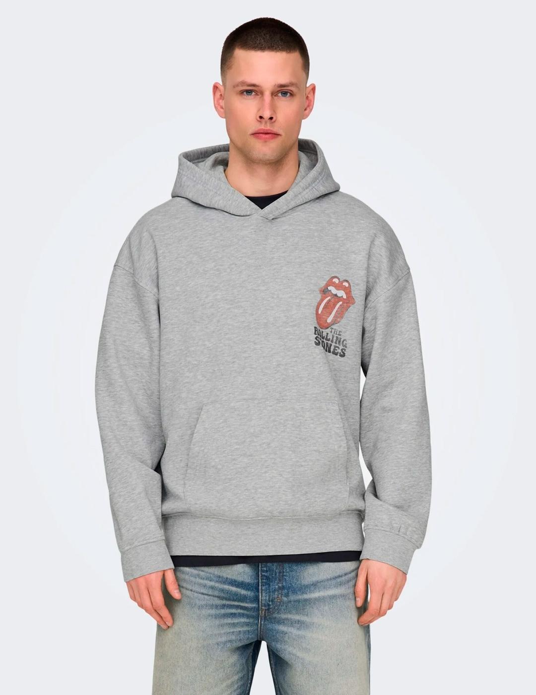 Sudadera Only & Sons 'Rolling Stones' Unisex Capucha Gris