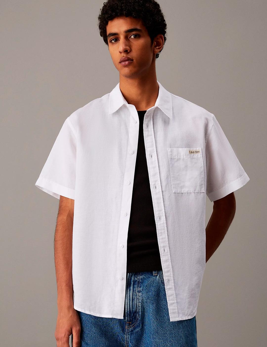 Camisa Calvin Klein Lino Manga Corta Blanco Hombre