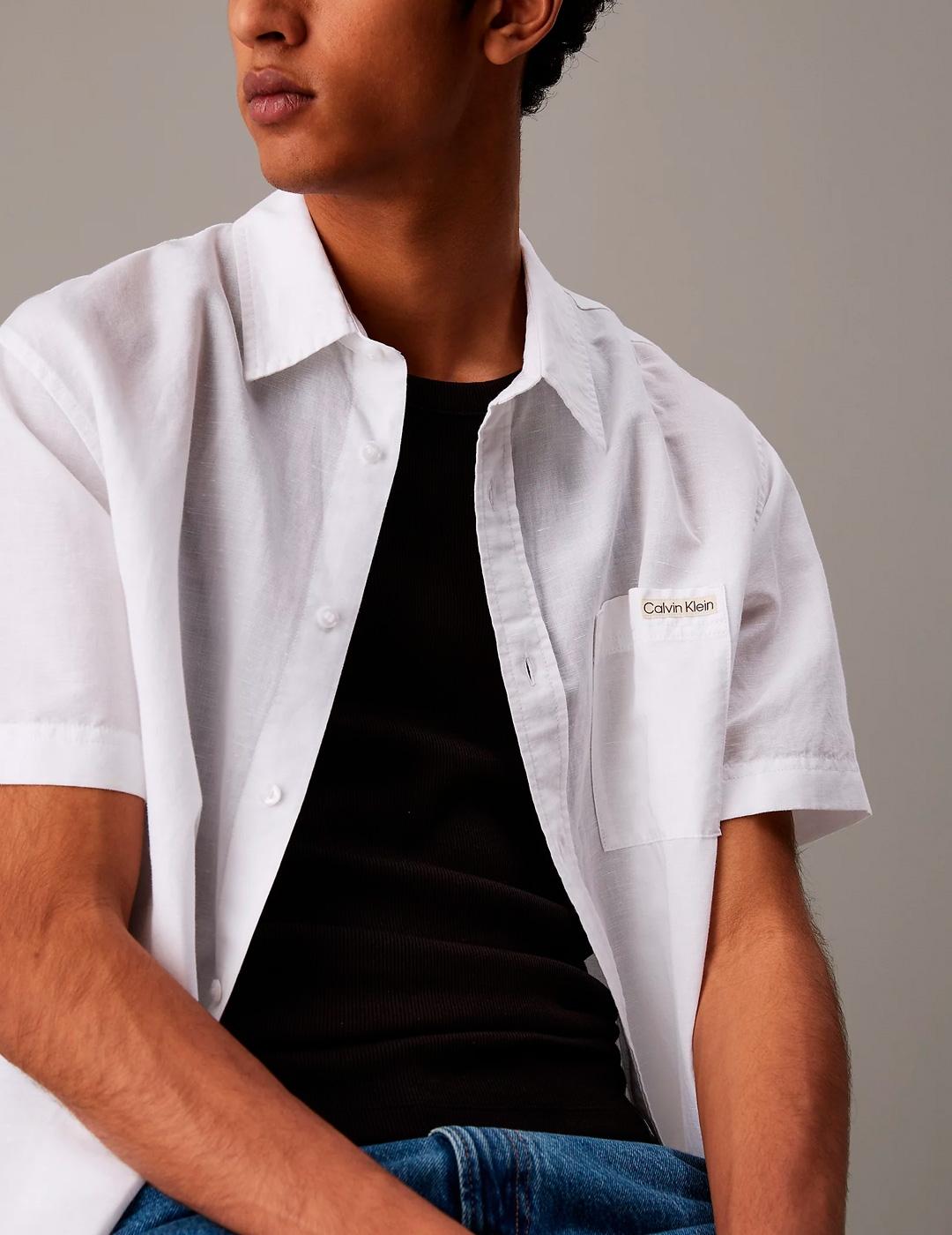 Camisa Calvin Klein Lino Manga Corta Blanco Hombre
