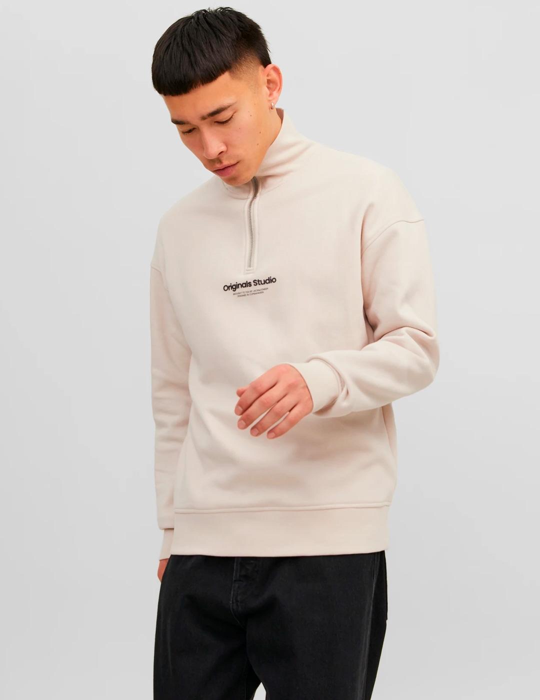 Sudadera Jack & Jones VESTERBRO beige con media cremallera