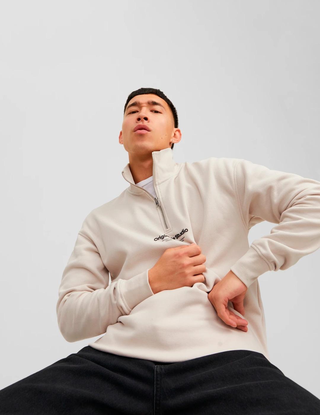 Sudadera Jack & Jones VESTERBRO beige con media cremallera