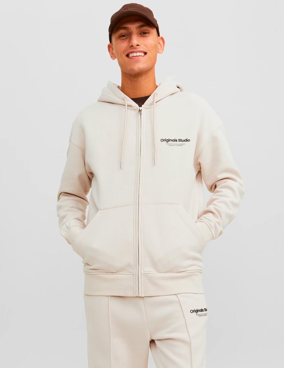 Sudadera Jack & Jones VESTERBRO beige con cremallera