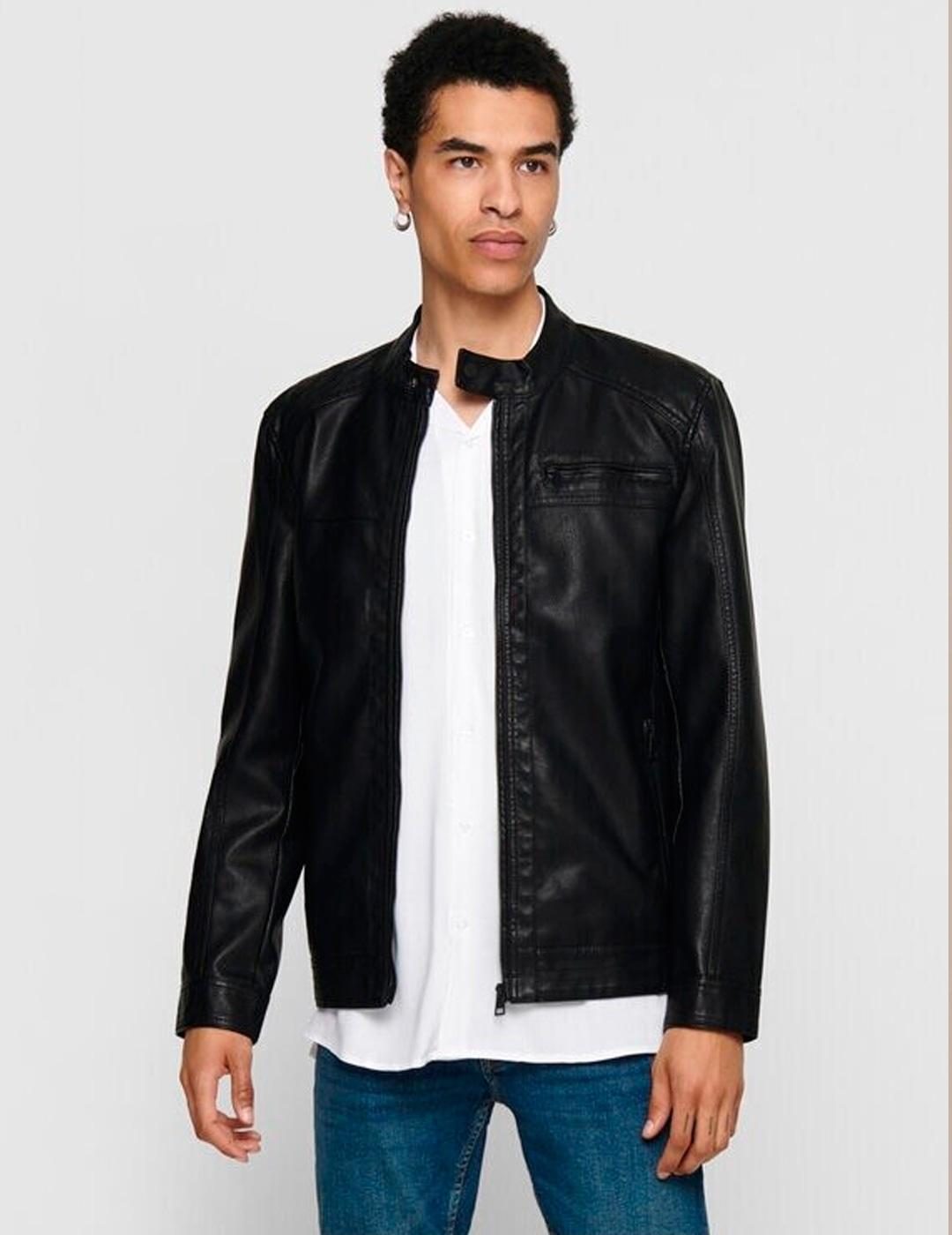 Cazadora biker Only & Sons AL PU negra para hombre