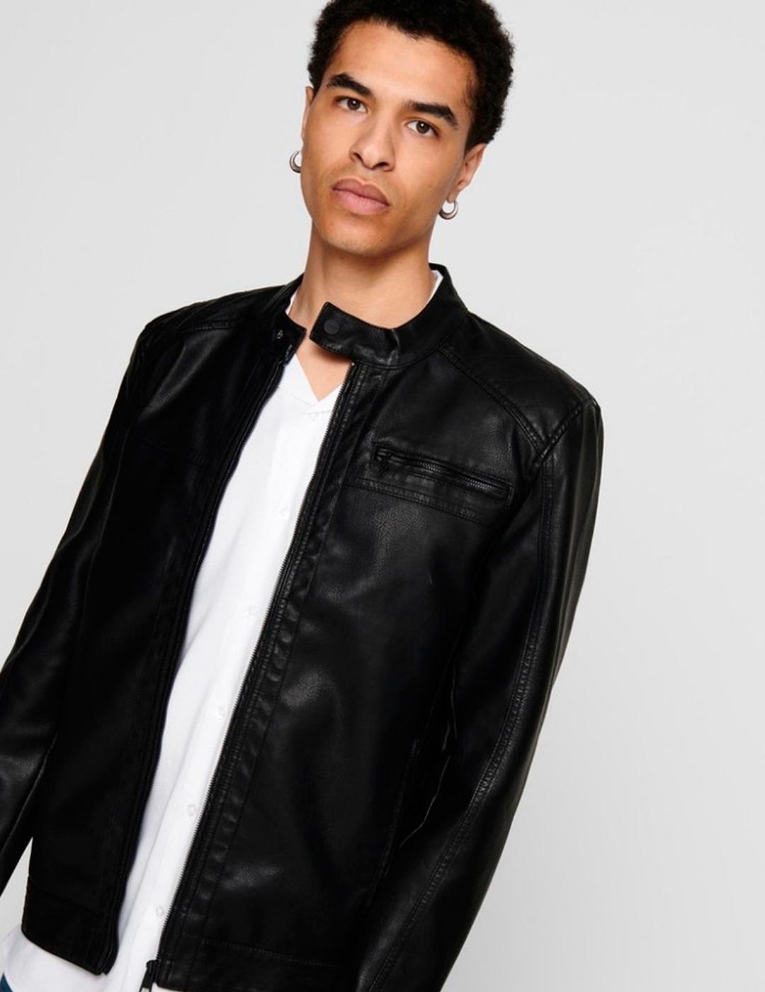 Cazadora biker Only & Sons AL PU negra para hombre
