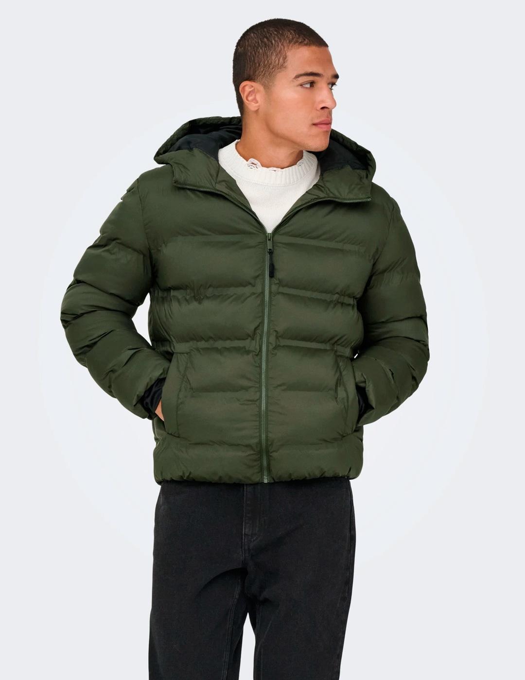 Chaqueta Only & Sons UNION PUFFER verde oscuro con capucha