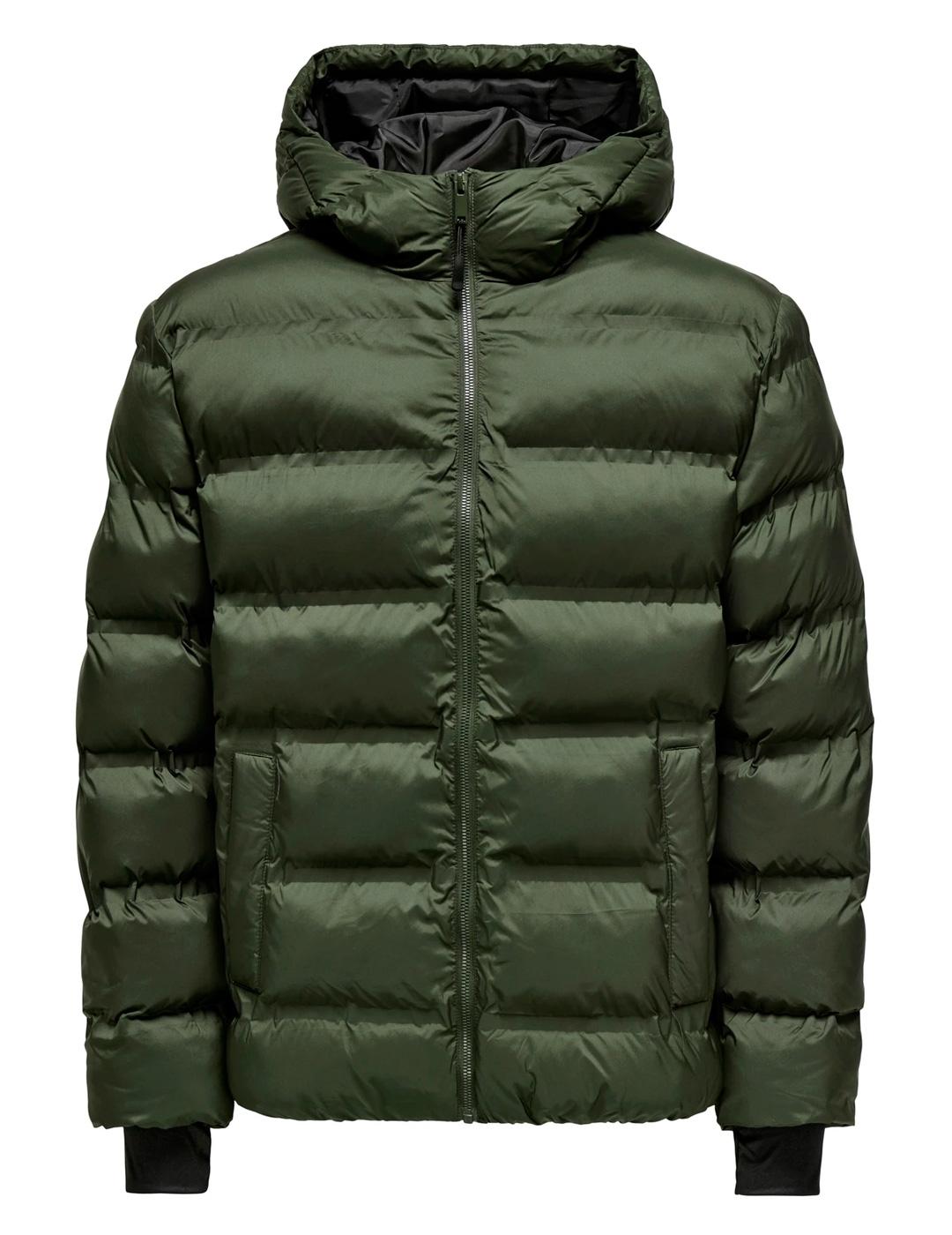 Chaqueta Only & Sons UNION PUFFER verde oscuro con capucha