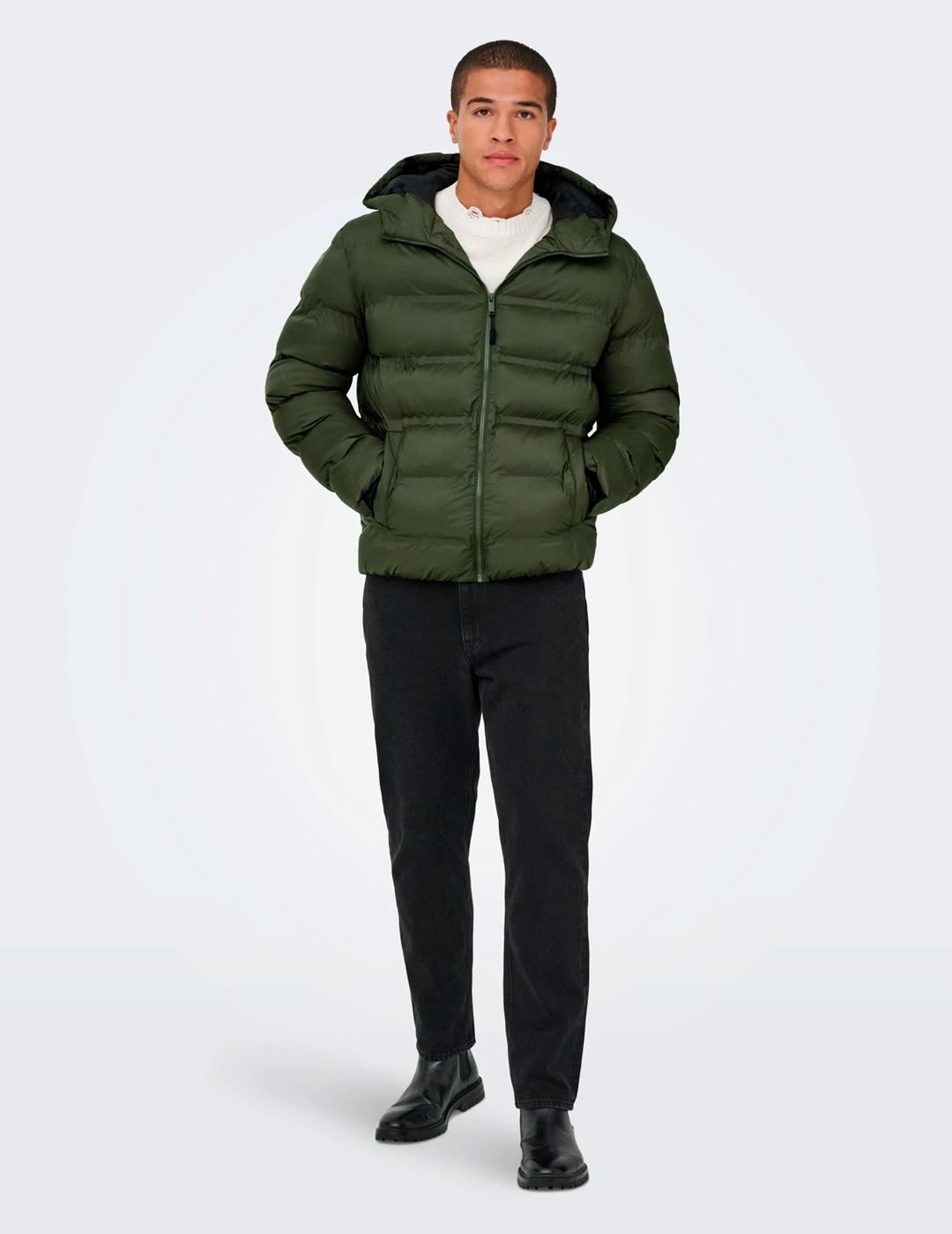 Chaqueta Only & Sons UNION PUFFER verde oscuro con capucha