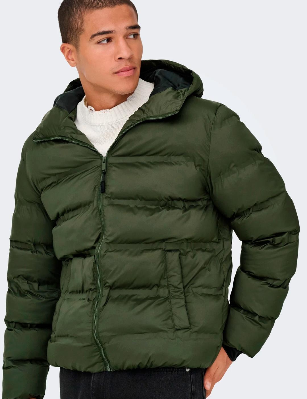 Chaqueta Only & Sons UNION PUFFER verde oscuro con capucha